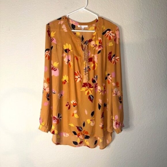 DR2 Anthropologie Woven Peasant Top Blouse Shirt Boho Floral Beige Brown XLarge - Picture 1 of 5